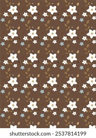 Tan background with white flowers, coffe stems, blue flowers, and brown leaves. Perfect for springthemed designs, wallpapers, or floral patterns.