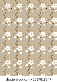 Tan background with white flowers, grey stems, blue flowers, and brown leaves. Perfect for springthemed designs, wallpapers, or floral patterns.