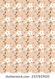 Fondo marrón con flores blancas, subgrupos de arena, flores azules y hojas marrones. Perfecto para diseños con temática de primavera, Fondos de pantalla o patrones florales.