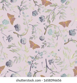 Tan butterfly framed by graceful floral branches seamless pattern. Vector illustration with grey roses, lilies, lotuses, petals and leaves on a lilac background.