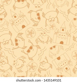 Tan Crab Beach Seamless vector pattern. Hand drawn elements make up this unique pattern. Perfect for fabrics, towels, pillows, scrapbooking, gift wrap and more!    