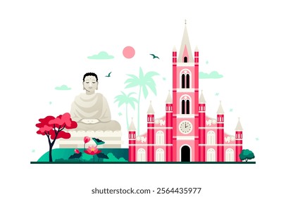 Tan Dinh Church and buddha statue - modern colored vector illustration