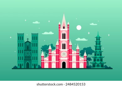 Tan Dinh Church - modern colored vector illustration with pink architecture building against the backdrop of a green night landscape, Notre Dame in Ho Chi Minh and Thien Mu Pagoda. Welcome to Vietnam