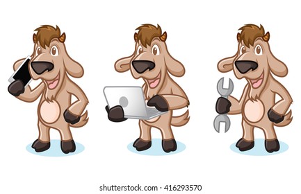 Tan Goat Mascot with laptop, phone and tools