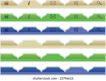 Tan, green, and blue menus on a white background.