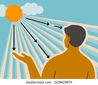 A tan man standing under sunshine for get more vitamin D from the sun, flat vector illustration.