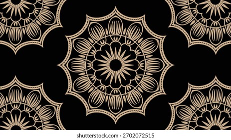 Tan mandala pattern on black background beige brown
