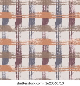 Tan and Plum Tablecloth Seamless Pattern. Ink texture cool crossed stripes grid.