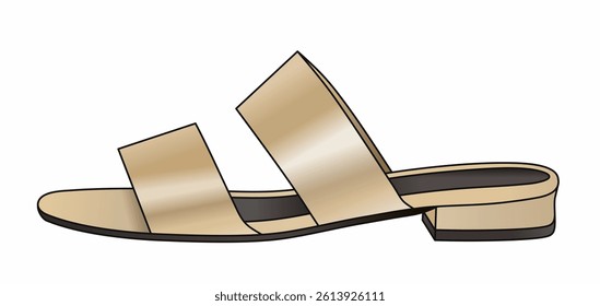 A tan sandal with a black strap. The sandal is made of gold and has a black strap