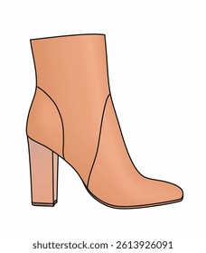 A tan shoe with a pointed toe and a heel. The shoe is drawn in black and white