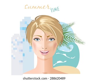 Tan smiling woman. Two halfs of face. City and sea background. Vector