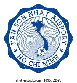 Tan Son Nhat Airport Ho Chi Minh stamp. Airport of Ho Chi Minh City round logo with location on Vietnam map marked by airplane. Vector illustration.