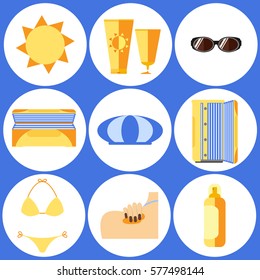 Tan in the sun and in the solarium. Set of flat icons. Vector illustration.