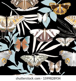 Tan, white big and small butterflies on a black background seamless pattern. Vector illustration with insects. EPS10