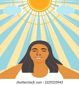 A tan woman under the sunlight for get more vitamin D from the sun, healthy living concept. flat vector illustration.