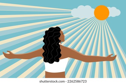 A tan woman under the sunlight for get more vitamin D from the sun, healthy living concept. flat vector illustration.