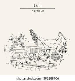 Tana Toraja traditional houses fron Sulawesi in Kedonganan, Jimbaran beach, Bali, Indonesia, Asia. Beach view. Hand drawing. Travel sketch. Book illustration, postcard or poster template in vector