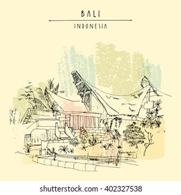 Tana Toraja traditional houses fron Sulawesi in Kedonganan, Jimbaran beach, Bali, Indonesia, Asia. Beach view. Hand drawing. Travel sketch. Book illustration, postcard or poster template in vector