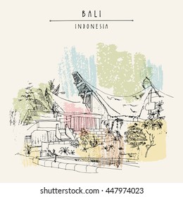 Tana Toraja traditional houses fron Sulawesi in Kedonganan, Jimbaran beach, Bali, Indonesia, Asia. Beach view. Hand drawing. Travel sketch. Book illustration, postcard or poster template in vector