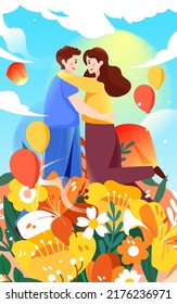 Tanabata couple date and hug each other, Cowherd and Weaver Girl meet on magpie bridge, vector illustration