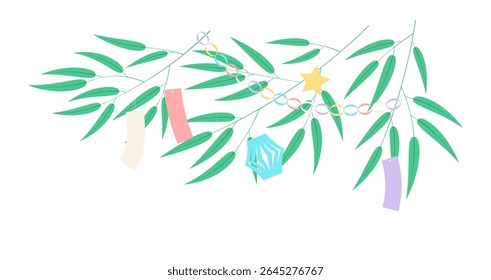 Tanabata Festival bamboo tree branches, traditional tanzaku, paper decorations isolated on transparent. Hand drawn vector illustration. Flat design. Japanese summer holiday clip art element