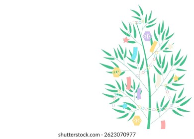 Tanabata Festival bamboo trees, traditional paper decorations, tanzaku, lantern, chain, star, on transparent background. Japanese holiday design. Flat style vector illustration. Seasonal elements