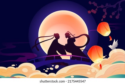 Tanabata festival, Cowherd and Weaver Girl meet on the bridge of magpies, traditional festival, vector illustration