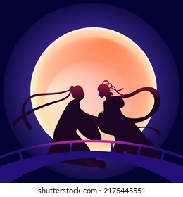 Tanabata festival, Cowherd and Weaver Girl meet on the bridge of magpies, traditional festival, vector illustration