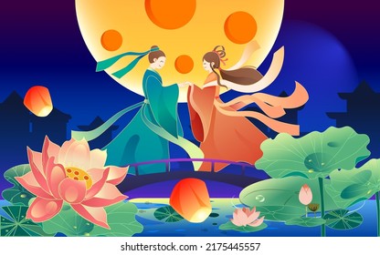 Tanabata Festival, Cowherd And Weaver Girl Meet On The Bridge Of Magpies, Traditional Festival, Vector Illustration