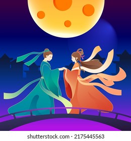 Tanabata festival, Cowherd and Weaver Girl meet on the bridge of magpies, traditional festival, vector illustration