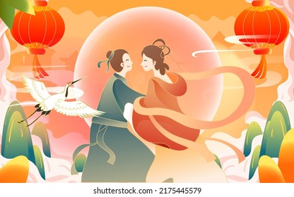 Tanabata Festival, Cowherd And Weaver Girl Meet On The Bridge Of Magpies, Traditional Festival, Vector Illustration