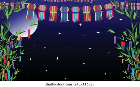 Tanabata festival vector illustration background. Bamboo trees and Tanabata decoration with starry night sky