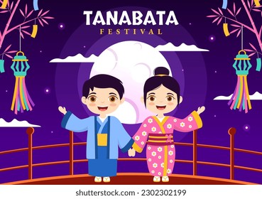Tanabata Festival Vector Illustration with Kids Wearing Kimono and Peonies Flowers in National Holiday Flat Cartoon Hand Drawn Templates