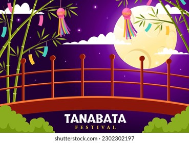Tanabata Festival Vector Illustration with People Wearing Kimono and Peonies Flowers in National Holiday Flat Cartoon Hand Drawn Templates