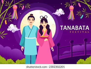 Tanabata Festival Vector Illustration with People Wearing Kimono and Peonies Flowers in National Holiday Flat Cartoon Hand Drawn Templates