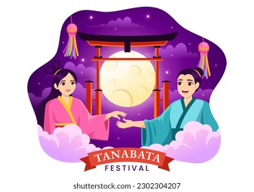 Tanabata Festival Vector Illustration with People Wearing Kimono and Peonies Flowers in National Holiday Flat Cartoon Hand Drawn Templates