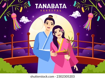 Tanabata Festival Vector Illustration with People Wearing Kimono and Peonies Flowers in National Holiday Flat Cartoon Hand Drawn Templates