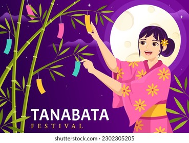 Tanabata Festival Vector Illustration with People Wearing Kimono and Peonies Flowers in National Holiday Flat Cartoon Hand Drawn Templates