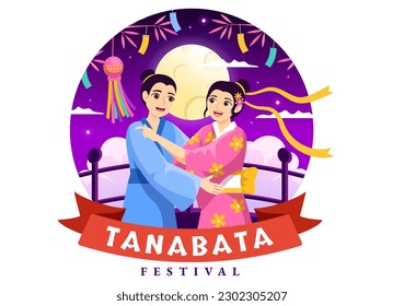 Tanabata Festival Vector Illustration with People Wearing Kimono and Peonies Flowers in National Holiday Flat Cartoon Hand Drawn Templates