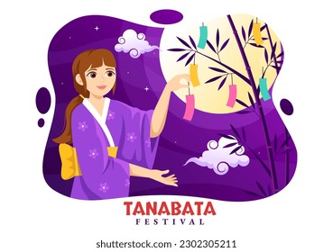 Tanabata Festival Vector Illustration with People Wearing Kimono and Peonies Flowers in National Holiday Flat Cartoon Hand Drawn Templates