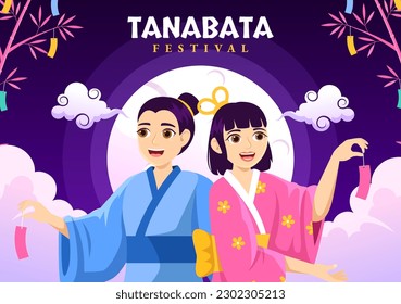Tanabata Festival Vector Illustration with People Wearing Kimono and Peonies Flowers in National Holiday Flat Cartoon Hand Drawn Templates