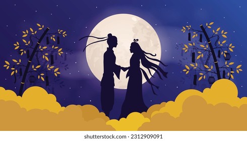 Tanabata Festival Vector Illustration. Qixi, Star Festival or Chinese Valentine day. 7 July Hoshimatsuri. Meeting of deities Orihime and Hikoboshi. Tanzaku on wishing tree. Night sky, moon and clouds