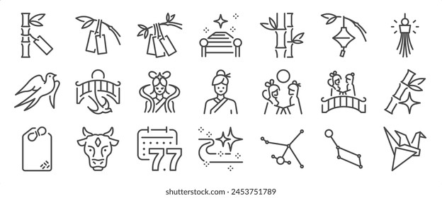 Tanabata icon set. It includes stars, swallows, Japanese, festivals, charms, blessing cards, and more icons. Editable Vector Stroke.