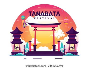 Tanabata Japan Festival Vector Illustration with People Wearing Kimono and Peonies Flowers in National Holiday Flat Cute Cartoon Background