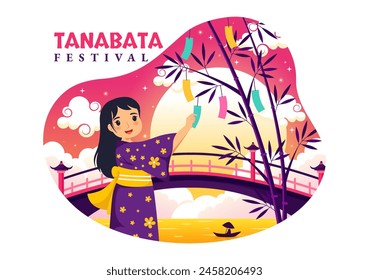 Tanabata Japan Festival Vector Illustration with People Wearing Kimono and Peonies Flowers in National Holiday Flat Cute Cartoon Background