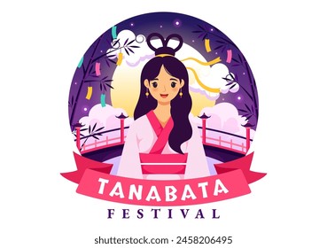 Tanabata Japan Festival Vector Illustration with People Wearing Kimono and Peonies Flowers in National Holiday Flat Cute Cartoon Background