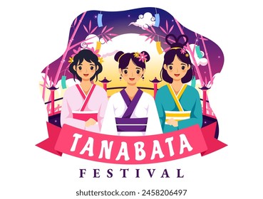 Tanabata Japan Festival Vector Illustration with People Wearing Kimono and Peonies Flowers in National Holiday Flat Cute Cartoon Background