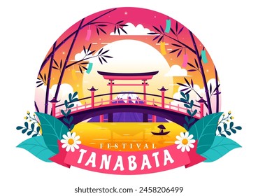 Tanabata Japan Festival Vector Illustration with People Wearing Kimono and Peonies Flowers in National Holiday Flat Cute Cartoon Background