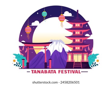 Tanabata Japan Festival Vector Illustration with People Wearing Kimono and Peonies Flowers in National Holiday Flat Cute Cartoon Background