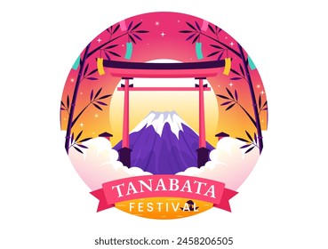 Tanabata Japan Festival Vector Illustration with People Wearing Kimono and Peonies Flowers in National Holiday Flat Cute Cartoon Background